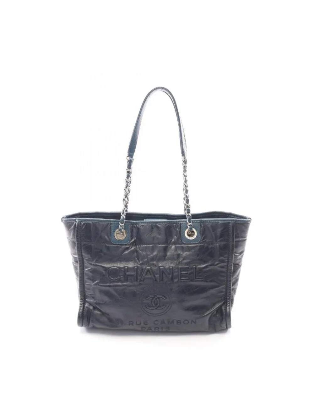 Chanel Tote Bag Deauville Dark Navy Leather Caviar Chain Shoulder Back
